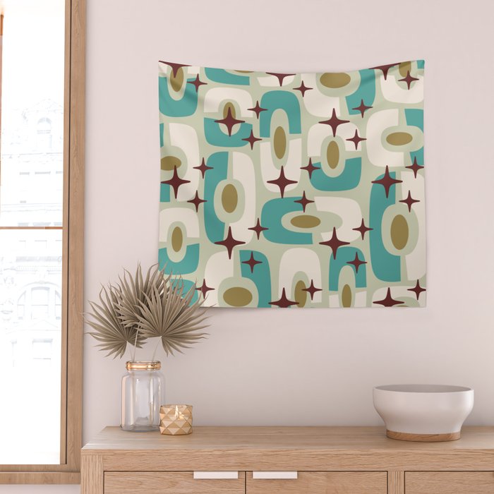 Mid Century Modern Atomic Googie Decor 144 Turquoise and Gold Wall Tapestry Gallery Image 2