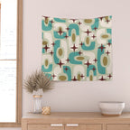 Mid Century Modern Atomic Googie Decor 144 Turquoise and Gold Wall Tapestry Gallery Image 2