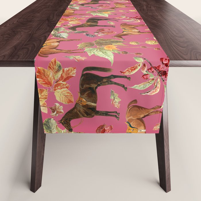 HORSES and Forest Plants on the Raspberry Pink Background  Table Runner Gallery Image 1