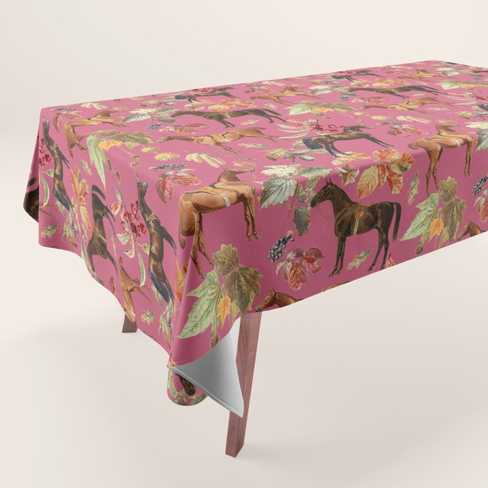 HORSES and Forest Plants on the Raspberry Pink Background  Tablecloth Gallery Image 1