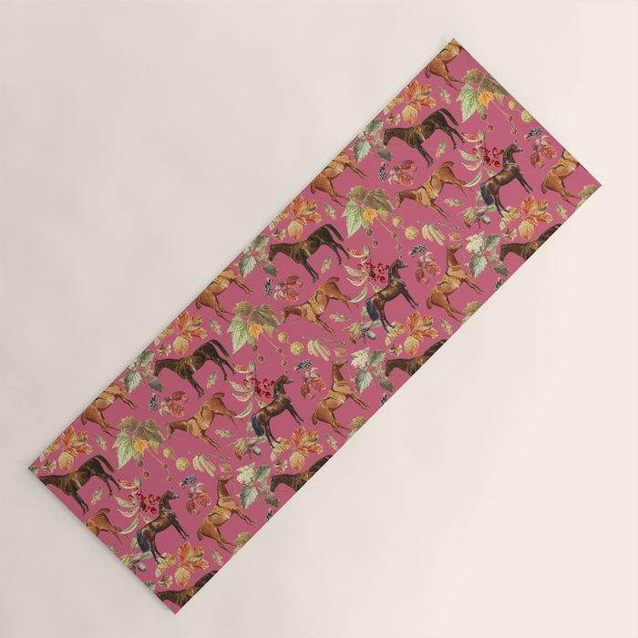 HORSES and Forest Plants on the Raspberry Pink Background  Yoga Mat Gallery Image 1