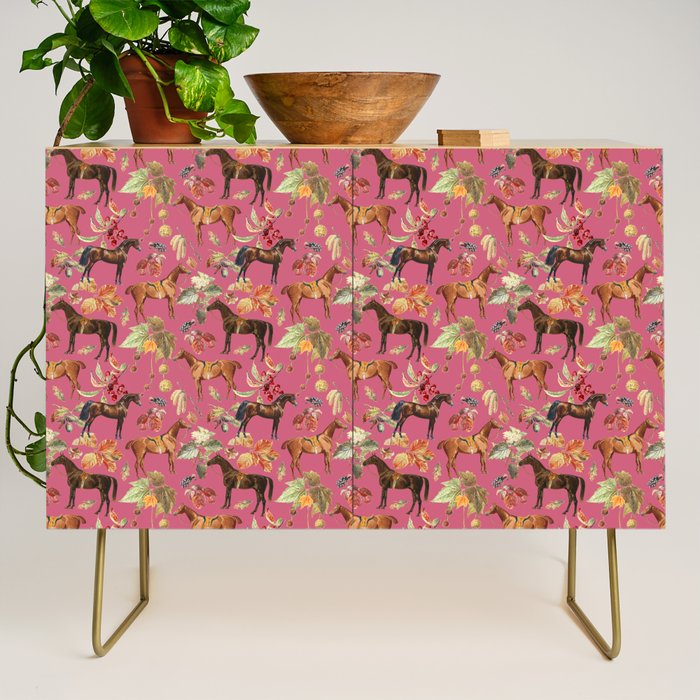HORSES and Forest Plants on the Raspberry Pink Background  Credenza Gallery Image 1