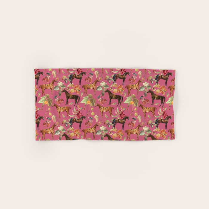 HORSES and Forest Plants on the Raspberry Pink Background  Bath Towel Gallery Image 1