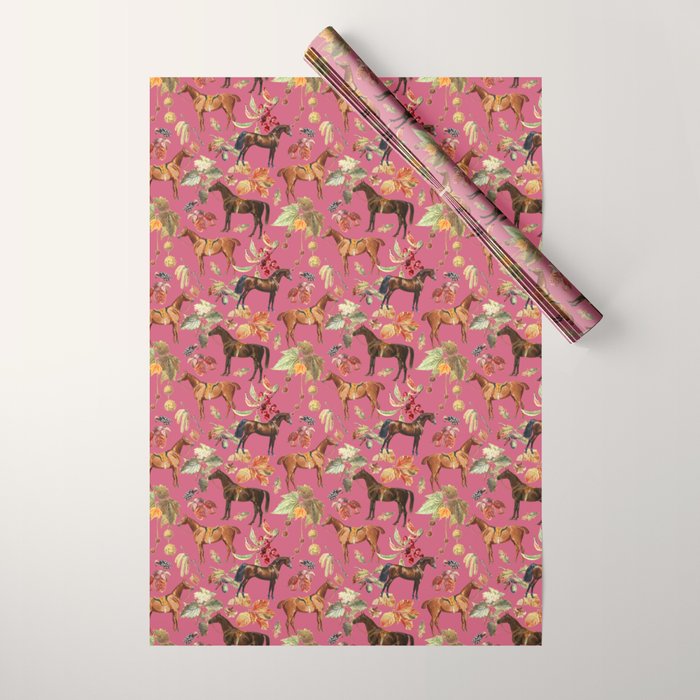 HORSES and Forest Plants on the Raspberry Pink Background  Wrapping Paper Gallery Image 1