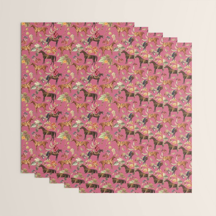 HORSES and Forest Plants on the Raspberry Pink Background  Wrapping Paper Gallery Image 3