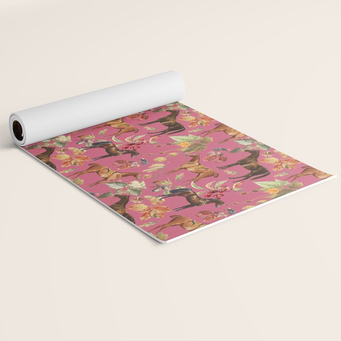 HORSES and Forest Plants on the Raspberry Pink Background  Yoga Mat Gallery Image 2