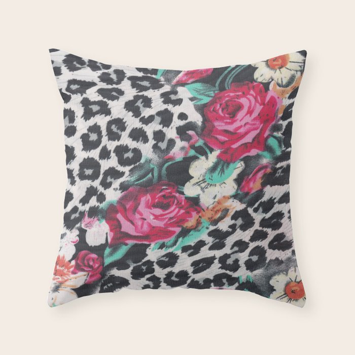 Vintage black white pink floral cheetah animal print Throw Pillow Gallery Image 1