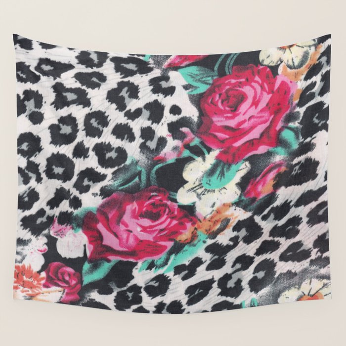 Vintage black white pink floral cheetah animal print Wall Tapestry Gallery Image 1