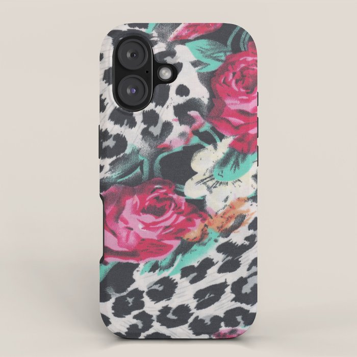 Vintage black white pink floral cheetah animal print iPhone Case Gallery Image 1