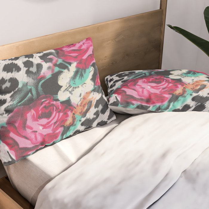 Vintage black white pink floral cheetah animal print Pillow Sham Gallery Image 2