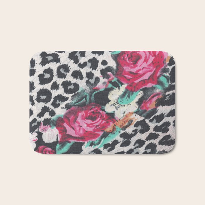 Vintage black white pink floral cheetah animal print Bath Mat Gallery Image 1