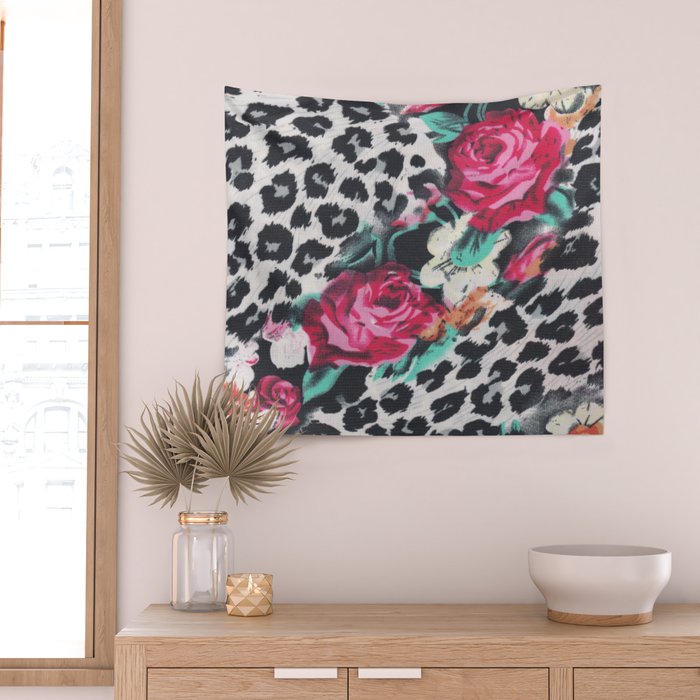 Vintage black white pink floral cheetah animal print Wall Tapestry Gallery Image 2