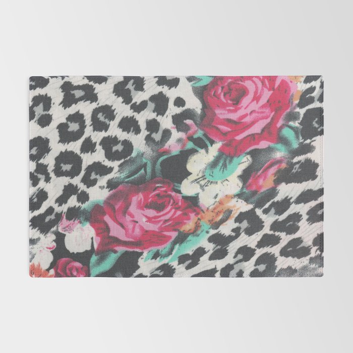Vintage black white pink floral cheetah animal print Rug Gallery Image 2