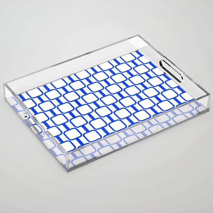 Geometric Mod Links Midcentury Modern Pattern Royal Blue and White Acrylic Tray Gallery Image 1