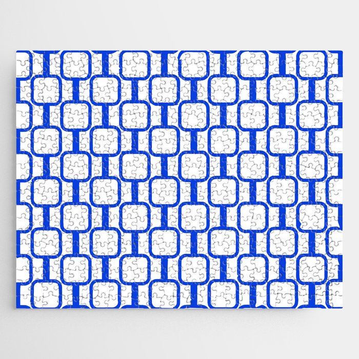 Geometric Mod Links Midcentury Modern Pattern Royal Blue and White Jigsaw Puzzle Gallery Image 1