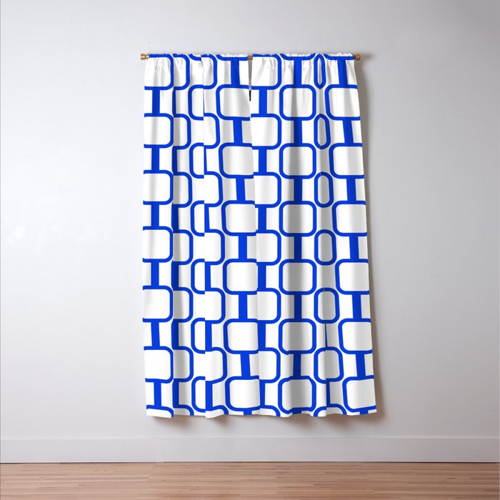 Geometric Mod Links Midcentury Modern Pattern Royal Blue and White Window Curtain Gallery Image 3