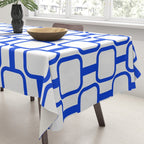 Geometric Mod Links Midcentury Modern Pattern Royal Blue and White Tablecloth Gallery Image 3