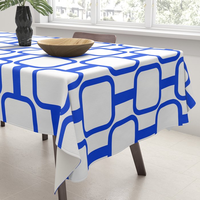 Geometric Mod Links Midcentury Modern Pattern Royal Blue and White Tablecloth Gallery Image 3