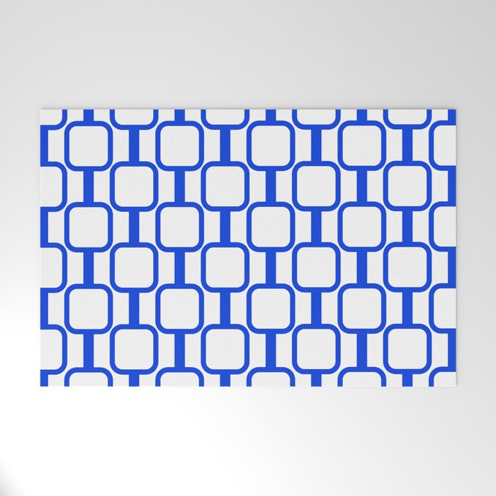 Geometric Mod Links Midcentury Modern Pattern Royal Blue and White Welcome Mat Gallery Image 1