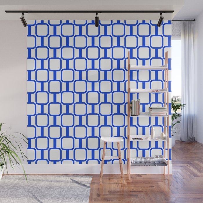 Geometric Mod Links Midcentury Modern Pattern Royal Blue and White Wall Mural Gallery Image 1
