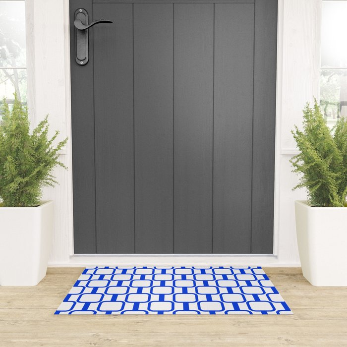 Geometric Mod Links Midcentury Modern Pattern Royal Blue and White Welcome Mat Gallery Image 3