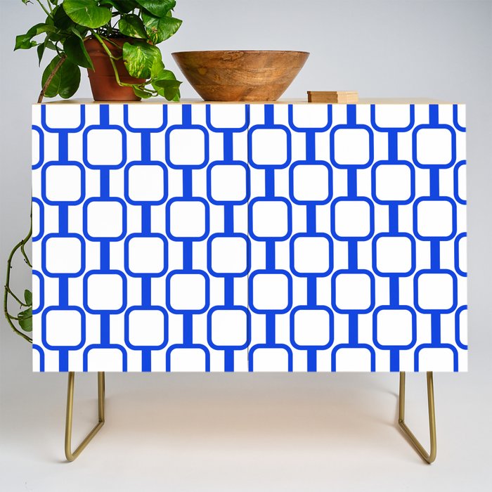Geometric Mod Links Midcentury Modern Pattern Royal Blue and White Credenza Gallery Image 1