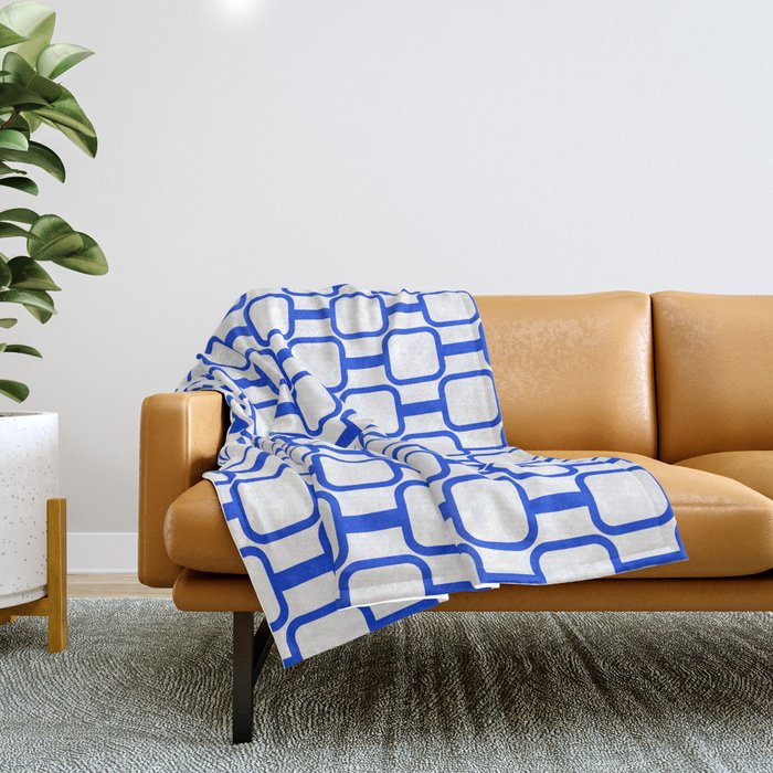 Geometric Mod Links Midcentury Modern Pattern Royal Blue and White Throw Blanket Gallery Image 1