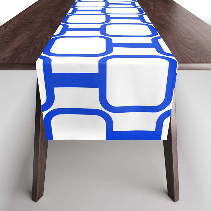 Geometric Mod Links Midcentury Modern Pattern Royal Blue and White Table Runner Gallery Image 1