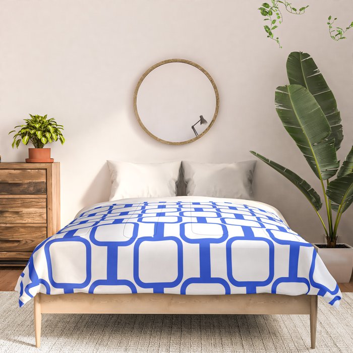 Geometric Mod Links Midcentury Modern Pattern Royal Blue and White Comforter Gallery Image 3