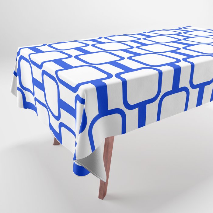 Geometric Mod Links Midcentury Modern Pattern Royal Blue and White Tablecloth Gallery Image 1