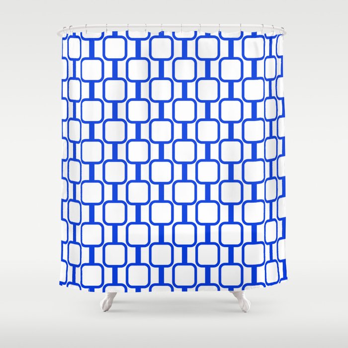 Geometric Mod Links Midcentury Modern Pattern Royal Blue and White Shower Curtain Gallery Image 1