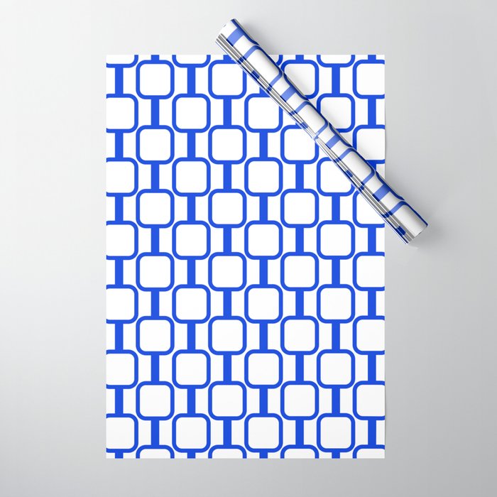 Geometric Mod Links Midcentury Modern Pattern Royal Blue and White Wrapping Paper Gallery Image 1