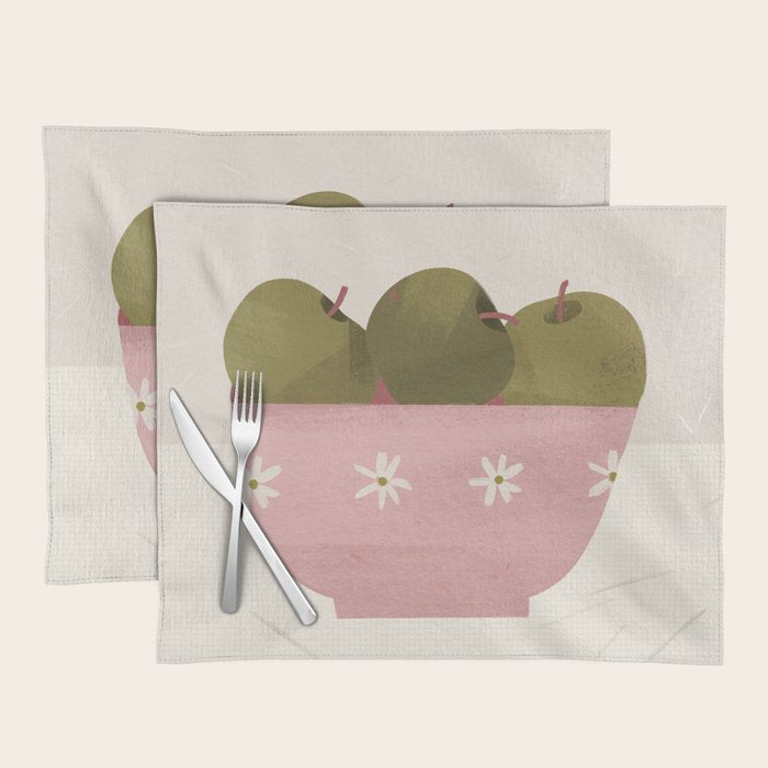  graphic illustration of green apples in a pink bowl Placemat Gallery Image 1