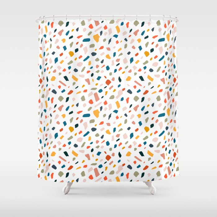 Terrazzo, Abstract Quirky Shapes Bohemian Modern Pattern Confetti Celebration Random Colorful Shapes Shower Curtain Gallery Image 1