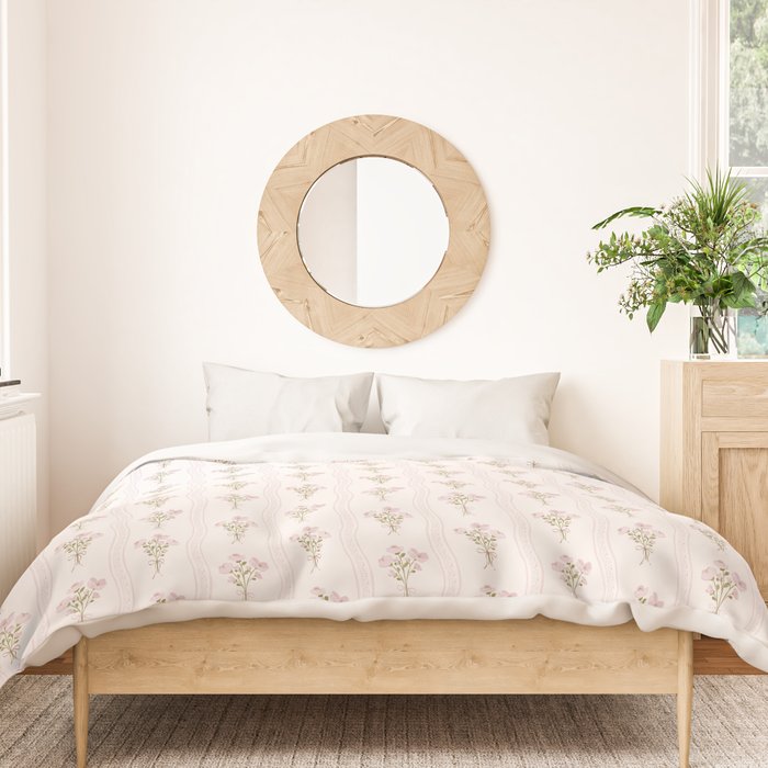 Delicate floral bouquets with vertical stripes - Pink and moss green pattern Duvet Cover Gallery Image 3