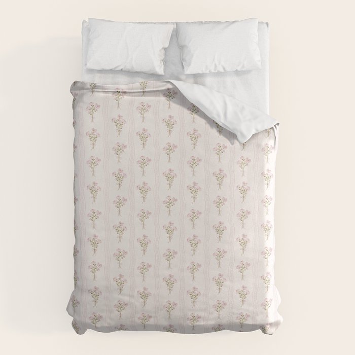Delicate floral bouquets with vertical stripes - Pink and moss green pattern Duvet Cover Gallery Image 6