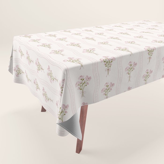 Delicate floral bouquets with vertical stripes - Pink and moss green pattern Tablecloth Gallery Image 1