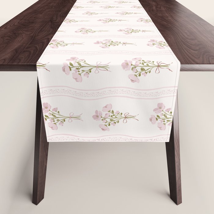 Delicate floral bouquets with vertical stripes - Pink and moss green pattern Table Runner Gallery Image 1