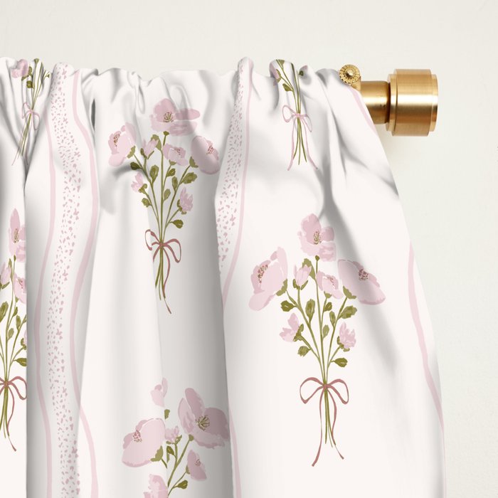 Delicate floral bouquets with vertical stripes - Pink and moss green pattern Window Curtain Gallery Image 2