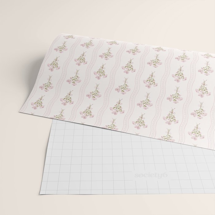 Delicate floral bouquets with vertical stripes - Pink and moss green pattern Wrapping Paper Gallery Image 2