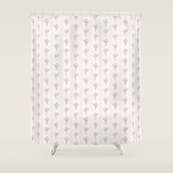 Delicate floral bouquets with vertical stripes - Pink and moss green pattern Shower Curtain Gallery Image 1