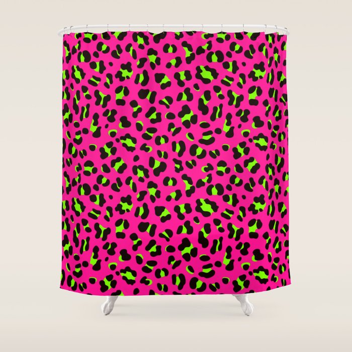 80s Neon Pink and Lime Green Leopard Shower Curtain Gallery Image 1