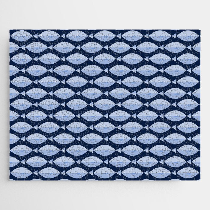 Sleepy Light Blue Fish in a Nautical Navy Blue Sea Jigsaw Puzzle Gallery Image 1