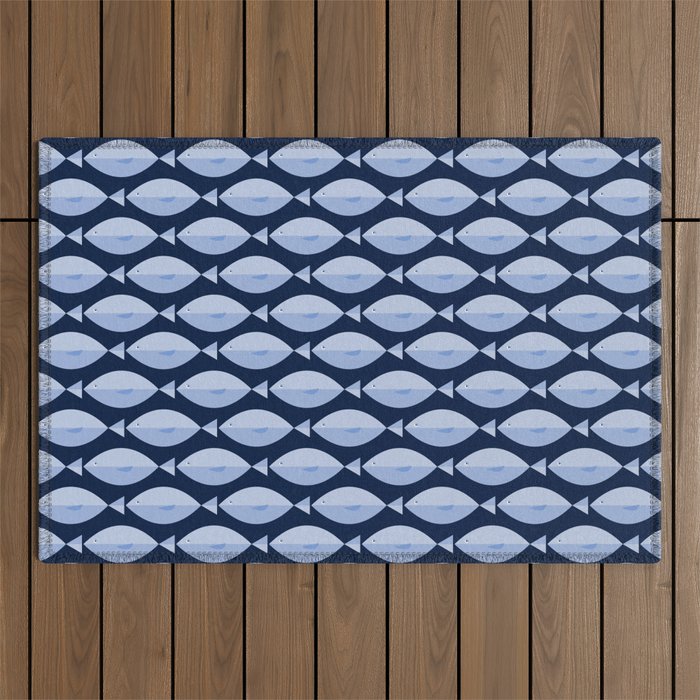 Sleepy Light Blue Fish in a Nautical Navy Blue Sea Outdoor Rug Gallery Image 1