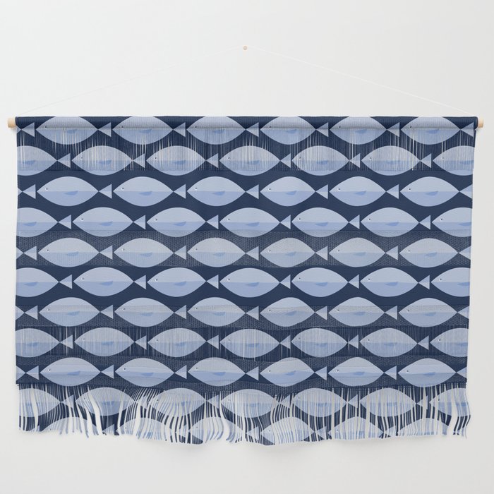 Sleepy Light Blue Fish in a Nautical Navy Blue Sea Wall Hanging Gallery Image 1