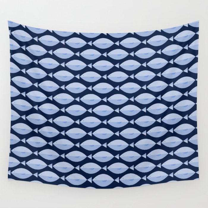 Sleepy Light Blue Fish in a Nautical Navy Blue Sea Wall Tapestry Gallery Image 1