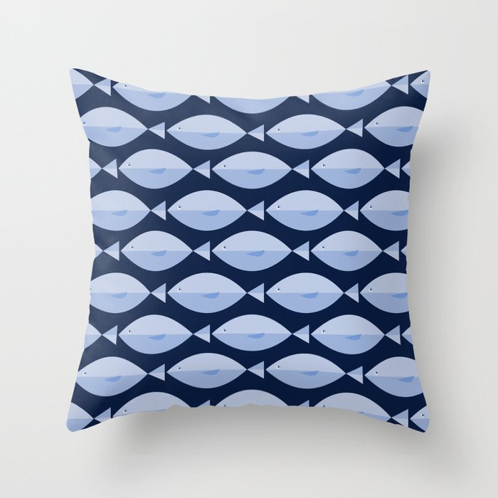 Sleepy Light Blue Fish in a Nautical Navy Blue Sea Throw Pillow Gallery Image 1