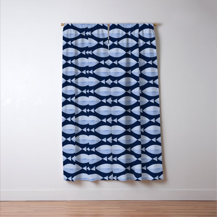 Sleepy Light Blue Fish in a Nautical Navy Blue Sea Window Curtain Gallery Image 3