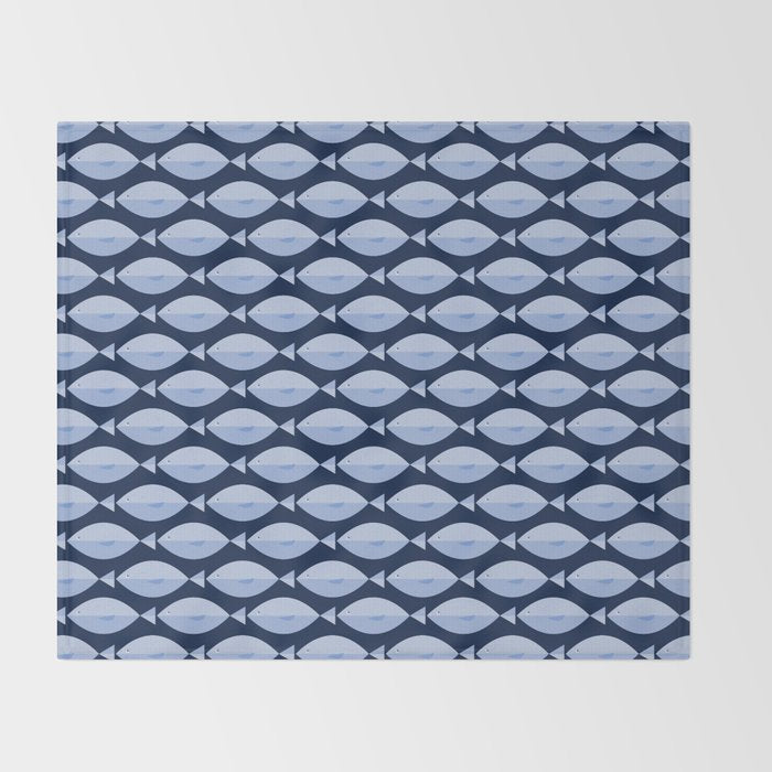 Sleepy Light Blue Fish in a Nautical Navy Blue Sea Throw Blanket Gallery Image 2