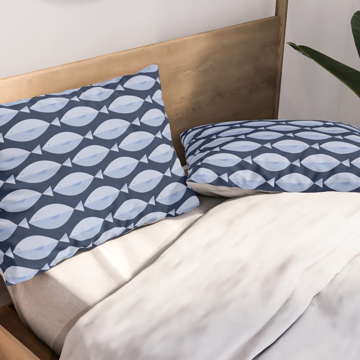 Sleepy Light Blue Fish in a Nautical Navy Blue Sea Pillow Sham Gallery Image 2